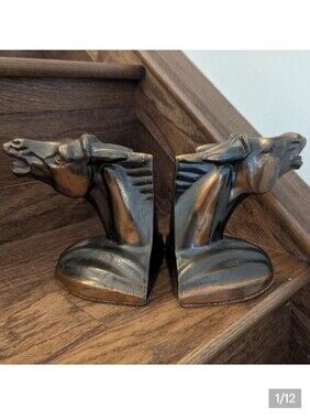 Vintage Metal Brass horse bookends, Excellent Condition show a rich patina